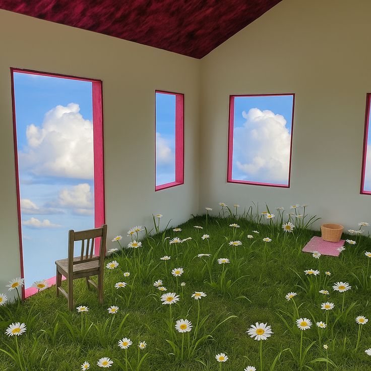 Casa com o piso cheio de grama, flores, uma cadeira e pano de piquenique no céu